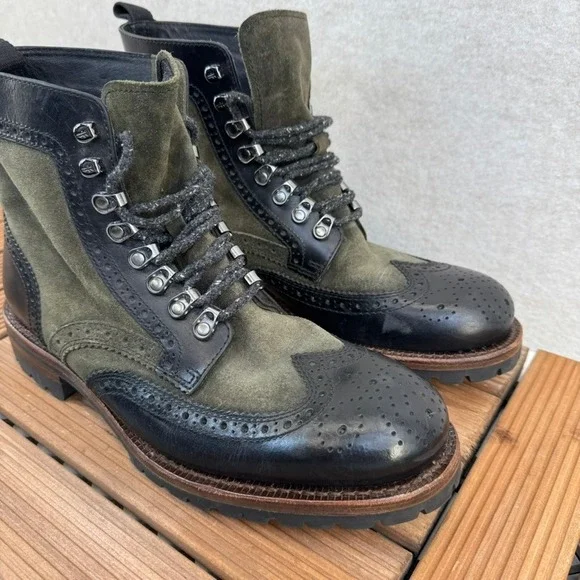 Frye George Adirondack Mens 8.5 Suede Leather Wingtip Lace Up Boots Olive Black - Picture 2 of 16